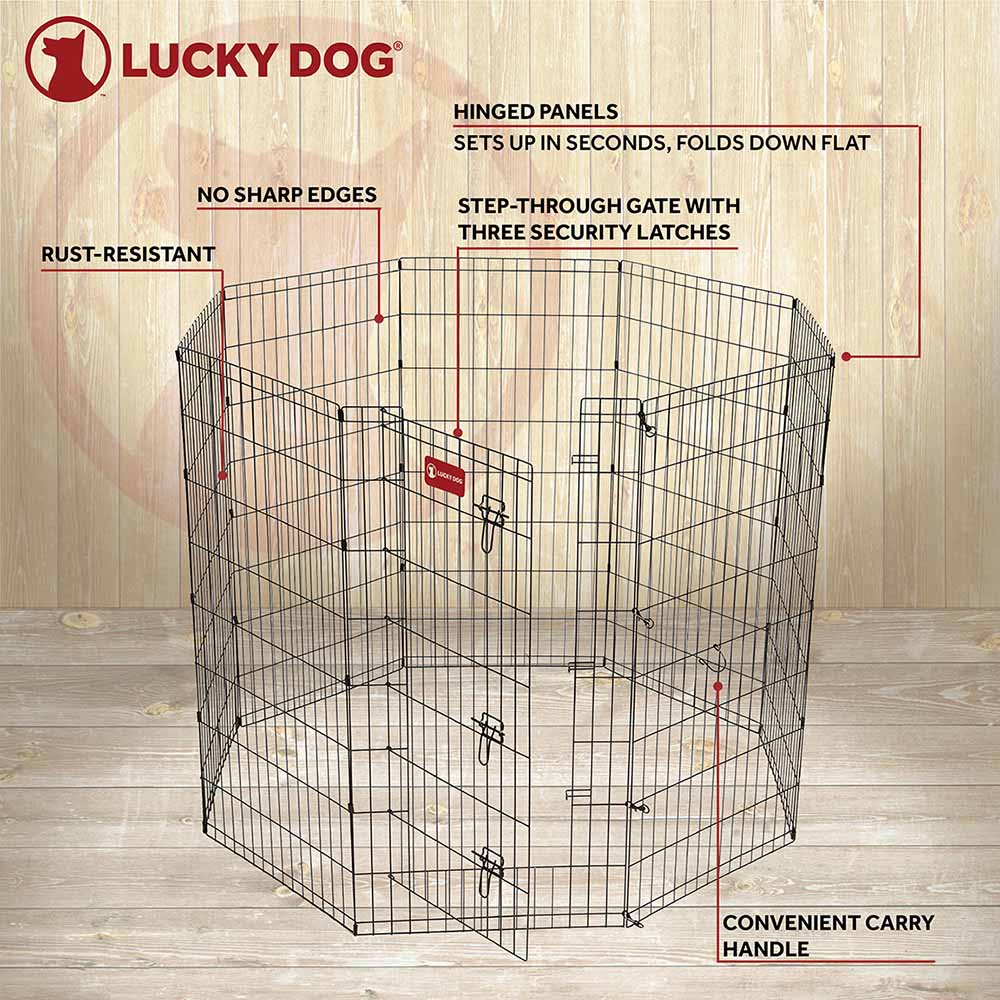 Lucky Dog pet playpen with features highlighted on a wooden background